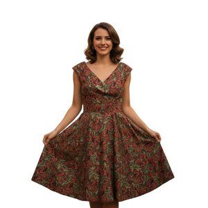 Retrolicious Holiday Pin Up Vintage Inspired Fit And Flare Red Green Gold Dress